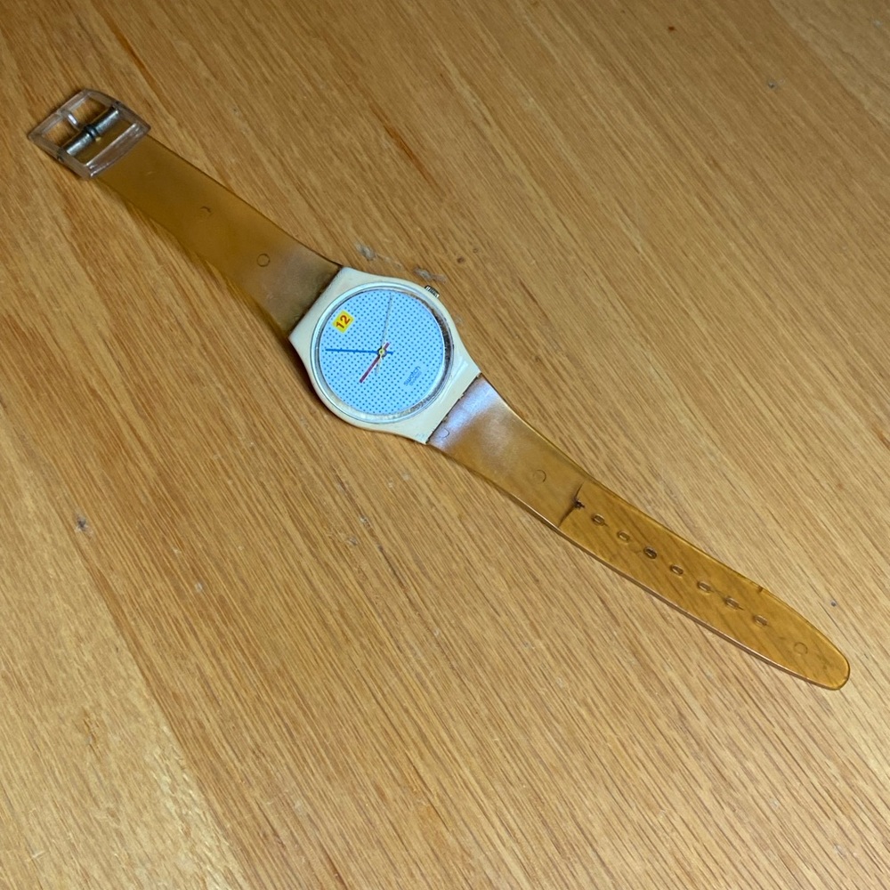 Vintage, swatch watch beige blue polkadots